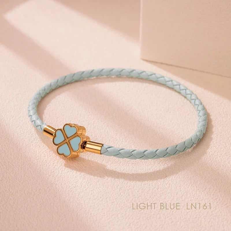 Leaf Four Clover Braided Leather Lucky Bracelet Gift
