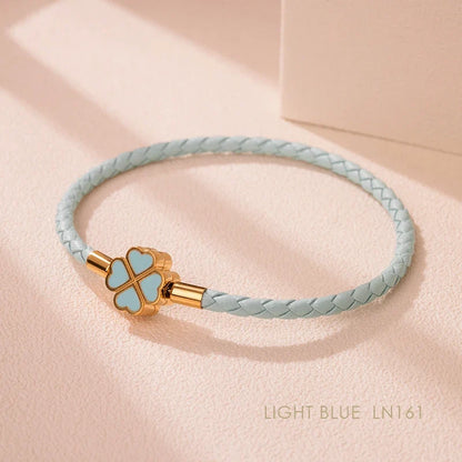 Leaf Four Clover Braided Leather Lucky Bracelet Gift