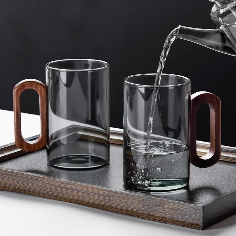 High 360ML Borosilicate Glass Wood Tea Cup - Large Capacity Drinking Coffee Mug