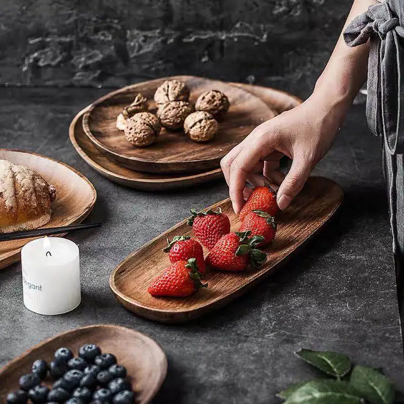 Wooden 5Pcs Storage Tray - Acacia Wood Irregular Oval Tableware, Solid Food Container