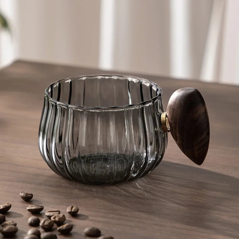 Heat-resistant Stripe Glass Coffee Mug 200ml with Wooden Handle for Latte, Milk, Tea