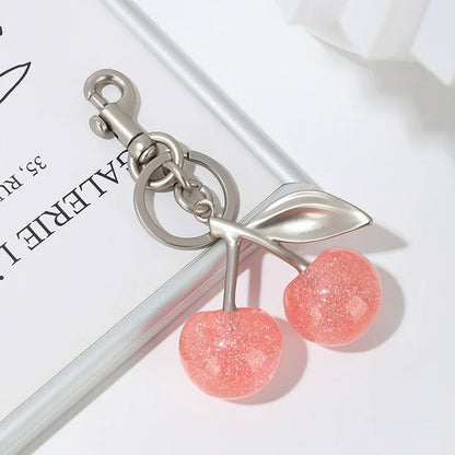 Cherry Red Keychain Bag Charm With Gold Leaf Lobster Clasp