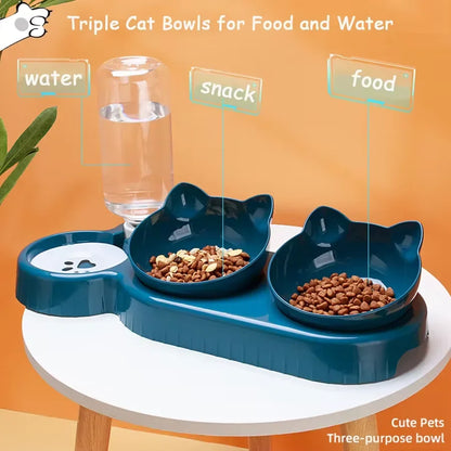 Cat Triple Bowls Pet Feeder with Automatic Drinking Bottle, Tilted Design for Cats and Dogs