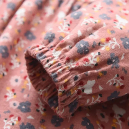 Plush Girls Dress - Long-Sleeve Knee-Length Floral Print, Cotton, For Casual Wear