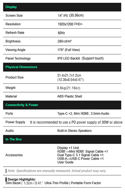 Travel-Friendly Monitor 14.1 Inch Touch IPS HDR10 Second Screen