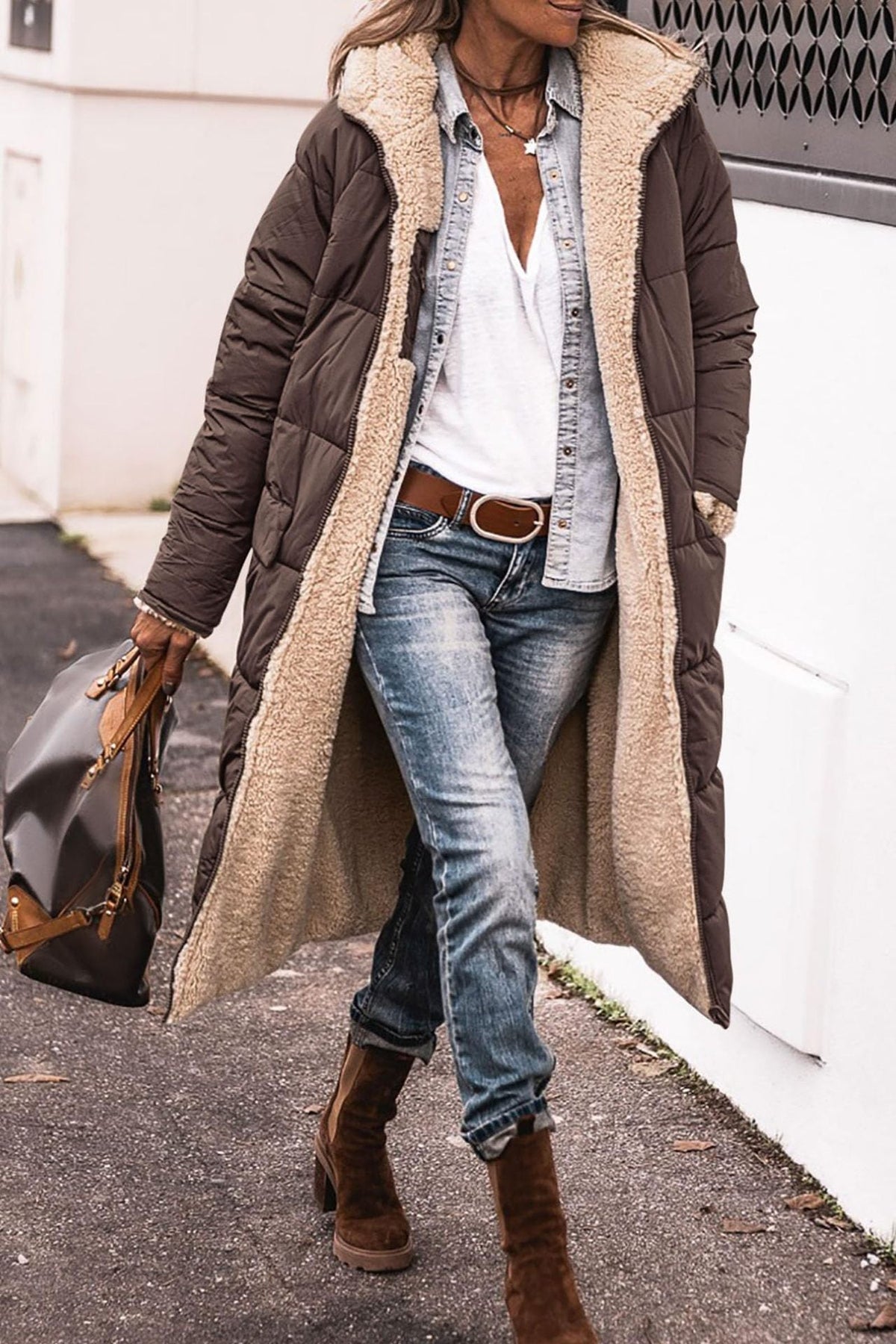 Women’s Warm Reversible Long Coat - Quilted Sherpa Hooded