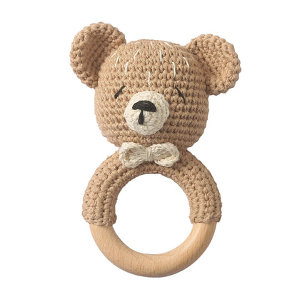 Crochet Wooden Animal Teether Rattle Newborn Sensory Toys
