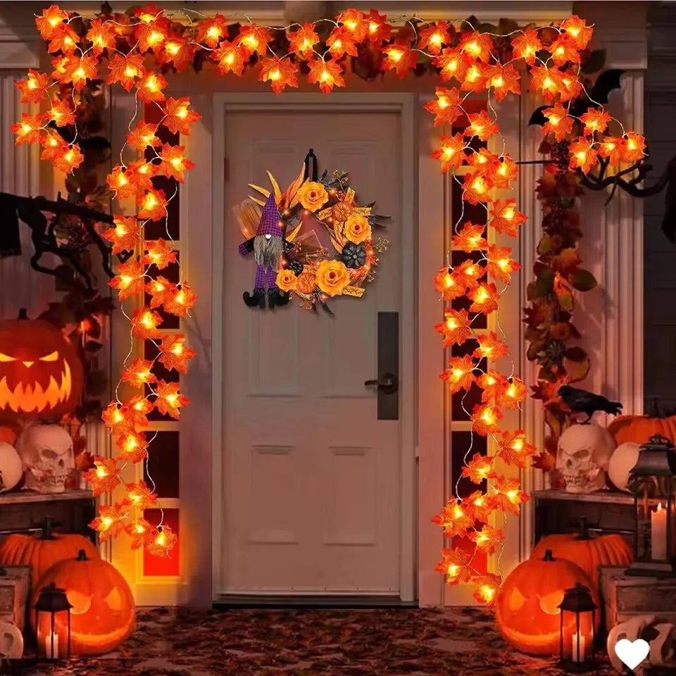 String LED Lights Maple Leaf Garland Halloween Fall 2025 Decor Warm Amber Glow Doorway Accent Lighting