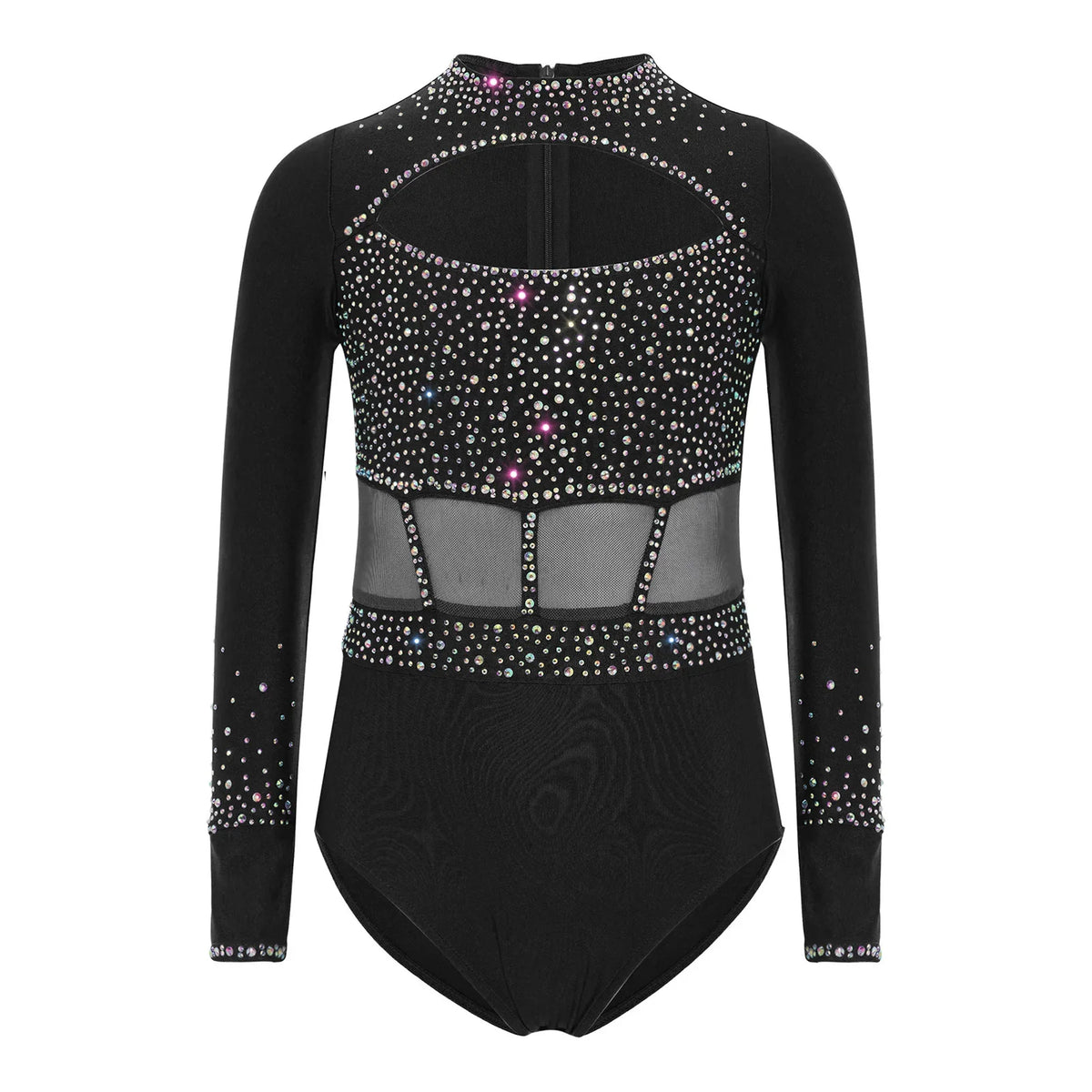Girls' Stretchy Leotard - flattering, rhinestone-detailed, long-sleeve, mesh-panel, polyester elastane, for gymnastics