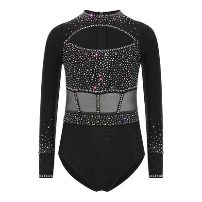 Girls' Stretchy Leotard - flattering, rhinestone-detailed, long-sleeve, mesh-panel, polyester elastane, for gymnastics