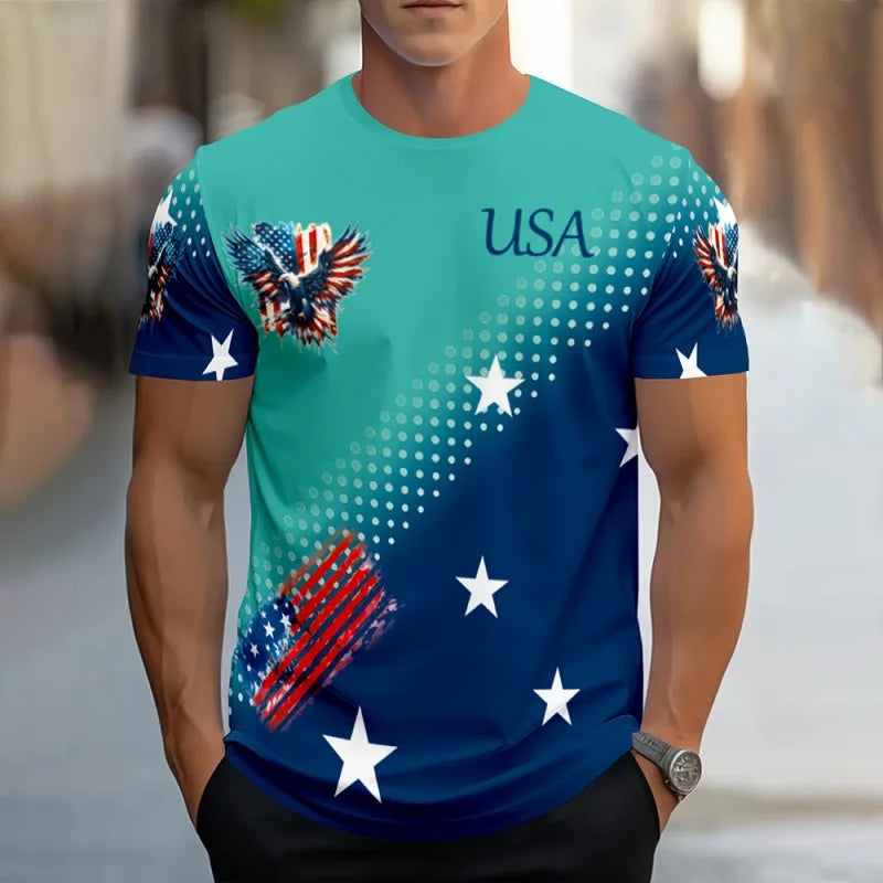 Plush men's tee - relaxed fit, 3D print patriotic eagle and flag graphic, casual wear