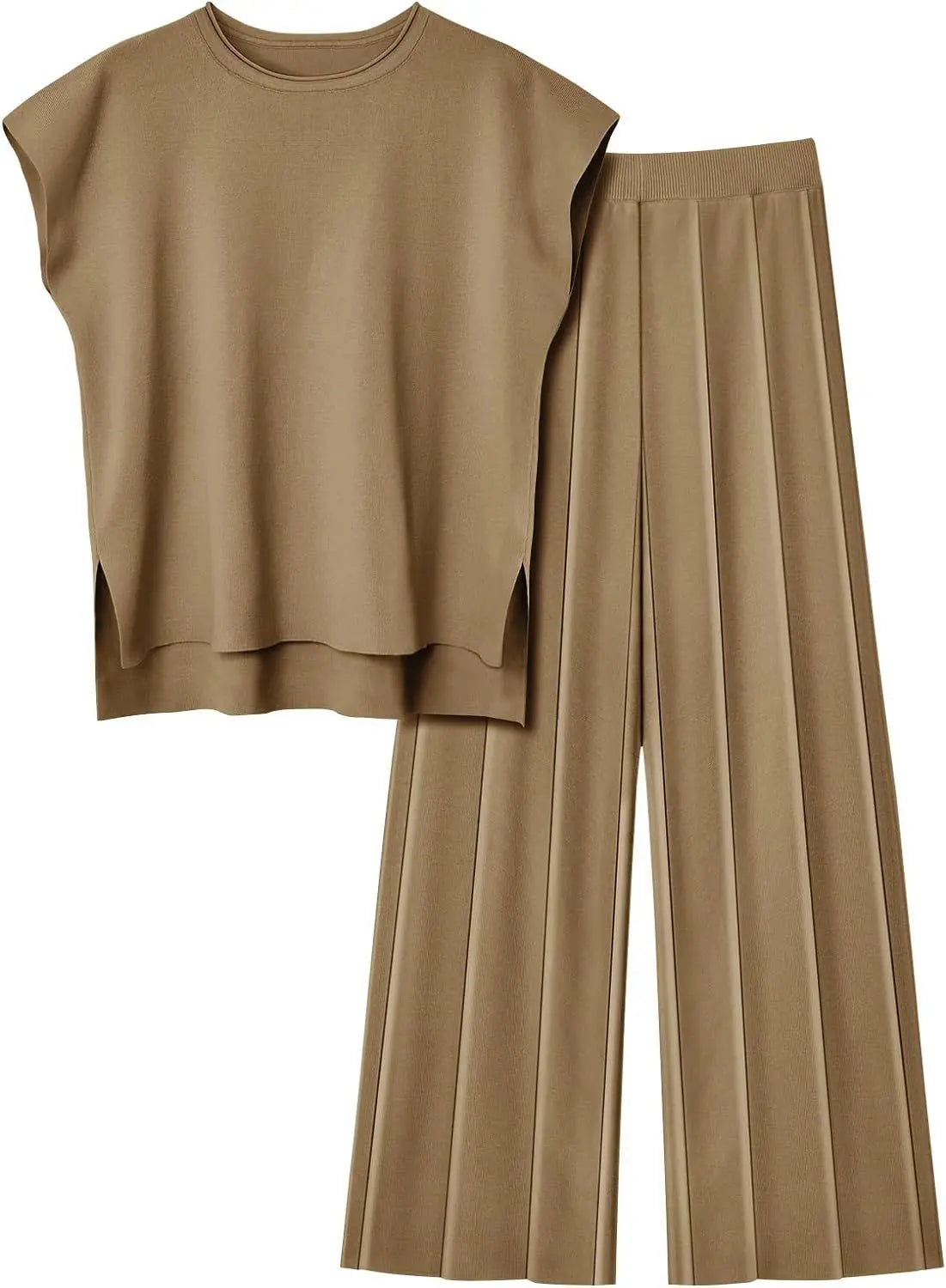 Sleeveless Round-Neck Knit Top, High-Waist Wide-Leg Trousers For Summer – Plush Relaxed Women’s Two-Piece Pant Kit