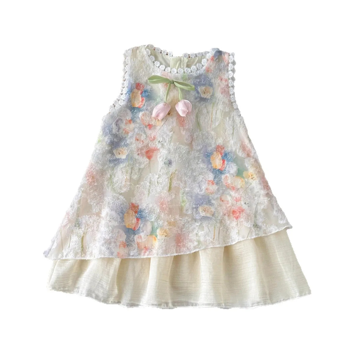 Plush Girls' Dress - Sleeveless Floral Print Bow, Cotton-Polyester Blend, Casual Summer Wear