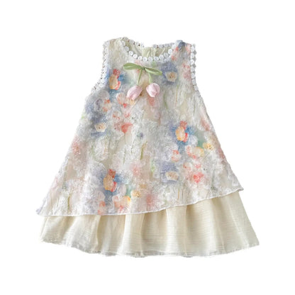 Plush Girls' Dress - Sleeveless Floral Print Bow, Cotton-Polyester Blend, Casual Summer Wear
