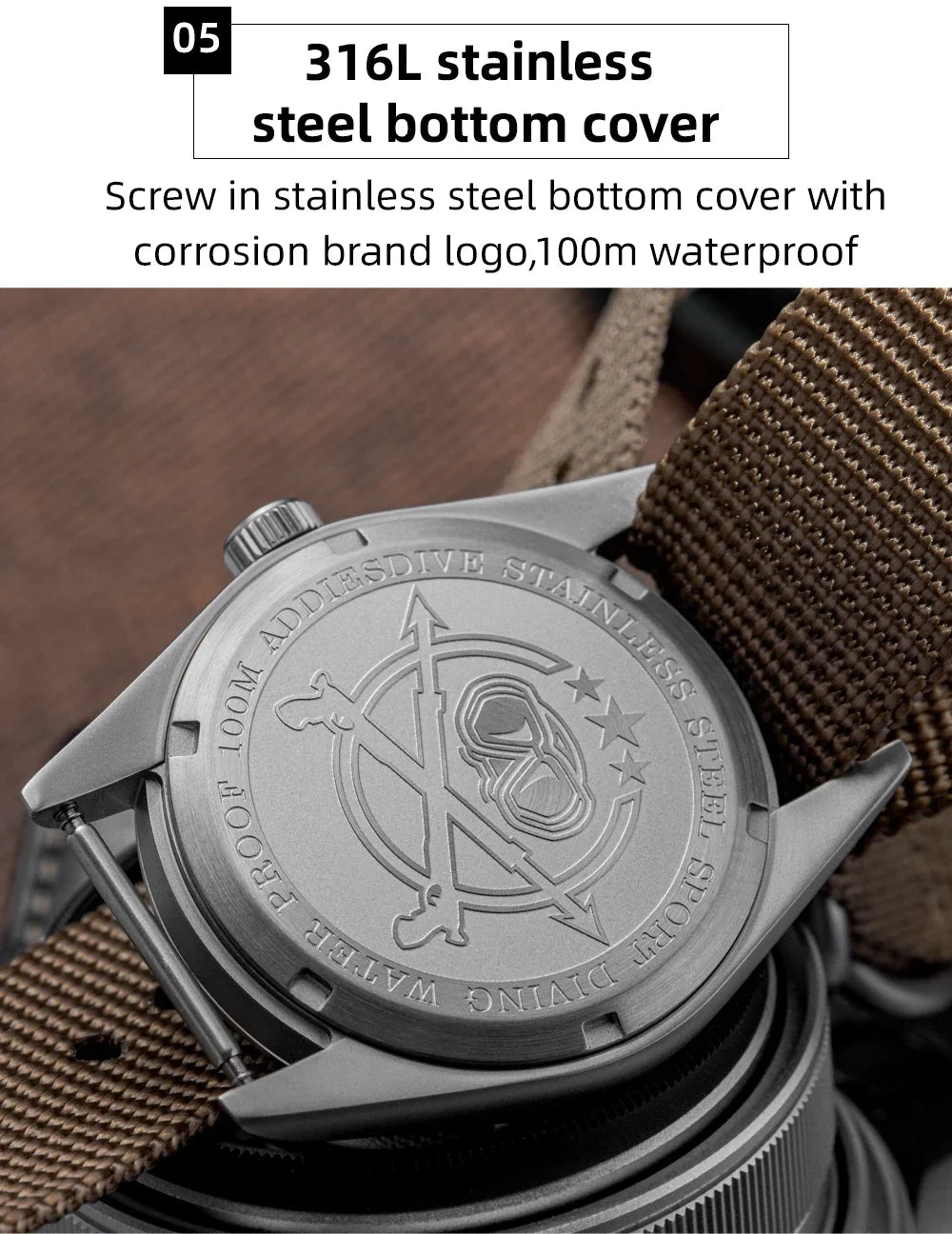Water-Resistant Diver Quartz Watch Luminous Hands, Nylon Strap, 100m Water Resistance