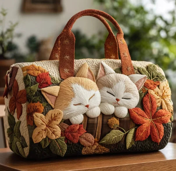 Plush Unisex Travel Tote - Quilted, Cat-Embroidered Fabric, For Beach, Hiking, Camping