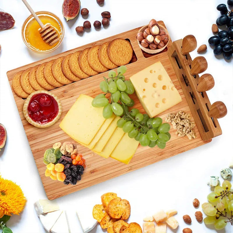 Cheese Bamboo Board Large With 4 Knives And Built In Rack Serving Chopping Board, Holiday 2025 Eco Gift
