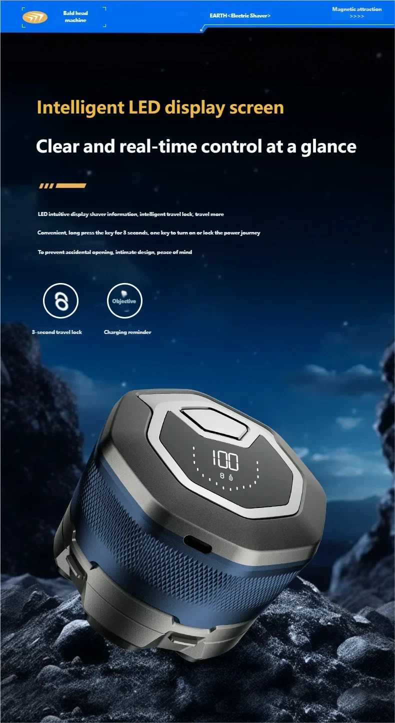 6D Motor-Driven Head Shaver for Men - Water-Resistant Magnetic Rotary Razor with LED Bald Head Hair Trimmer