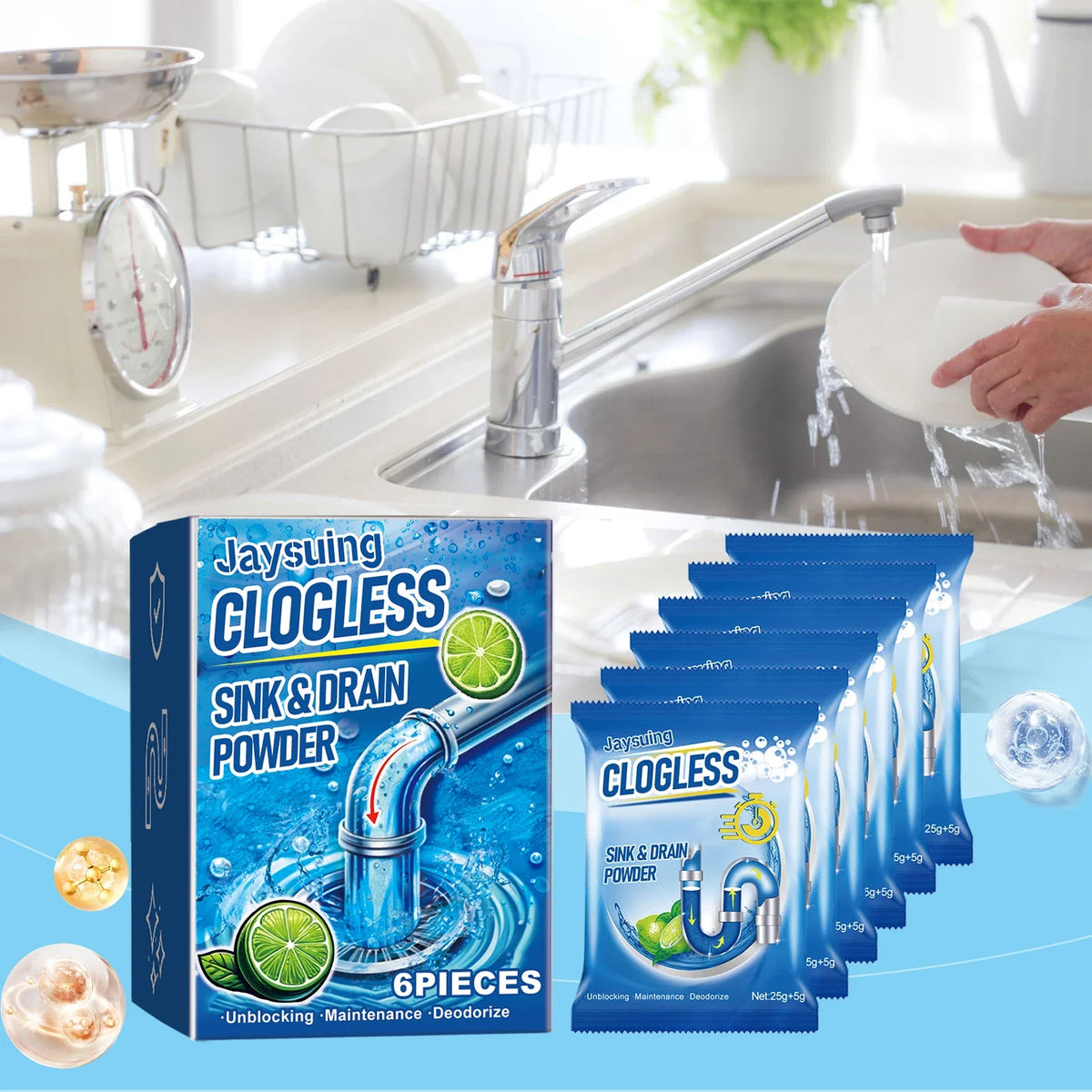 Drain2026 Edition Cleaner Powder - Sink and Drain Unclogging Kit, Deodorize, 6 Pieces, Spring Cleaning