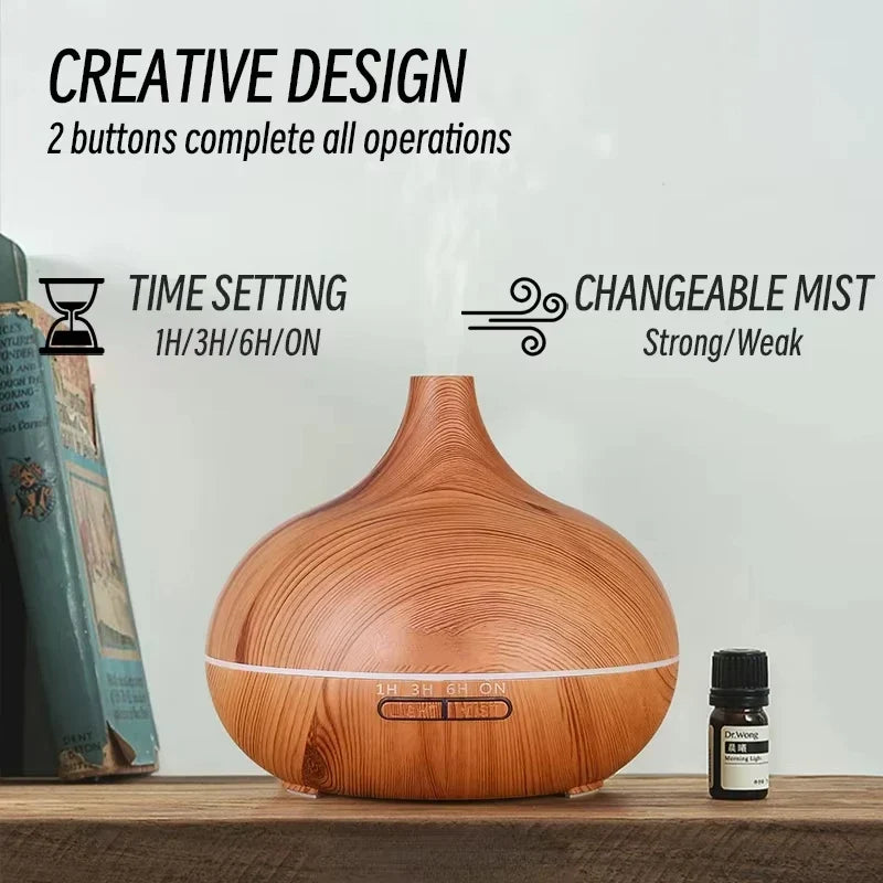 Air Humidifier Aromatherapy Essential Oil Diffuser 500ml Wood Grain Remote Control with 7 Color Lights for Household