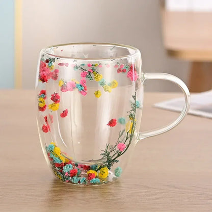 Wall Double Glass Cup with Handle Dried Flower Decorated Ins Style Mug 300ML