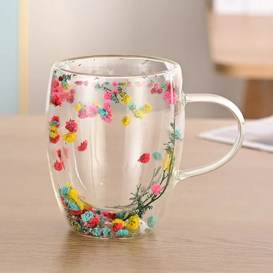 Wall Double Glass Cup with Handle Dried Flower Decorated Ins Style Mug 300ML