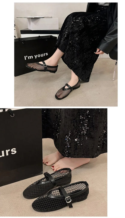 Women Breathable Mesh Ballet Flats - Strappy Round Toe