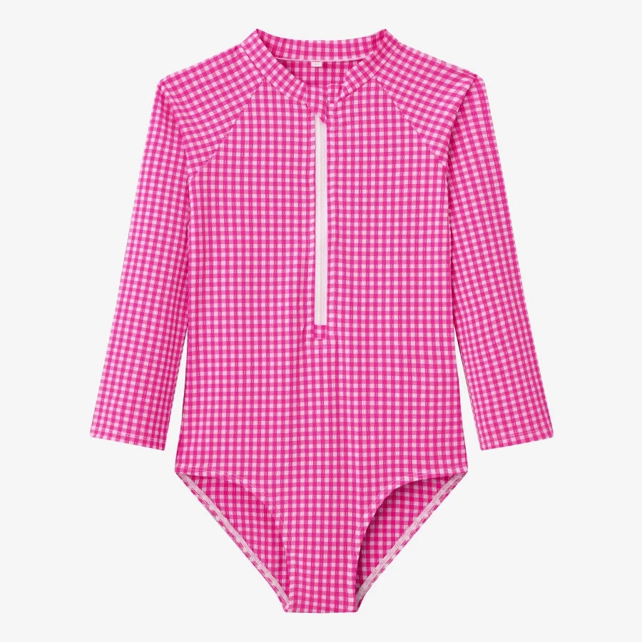 Fast-Dry Unisex Kids Swimsuit - One-Piece Gingham Plaid, Polyester, For Summer Vacation