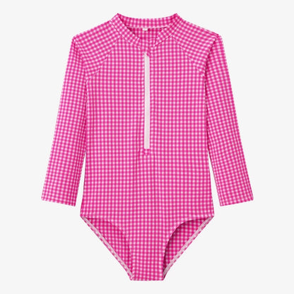 Fast-Dry Unisex Kids Swimsuit - One-Piece Gingham Plaid, Polyester, For Summer Vacation