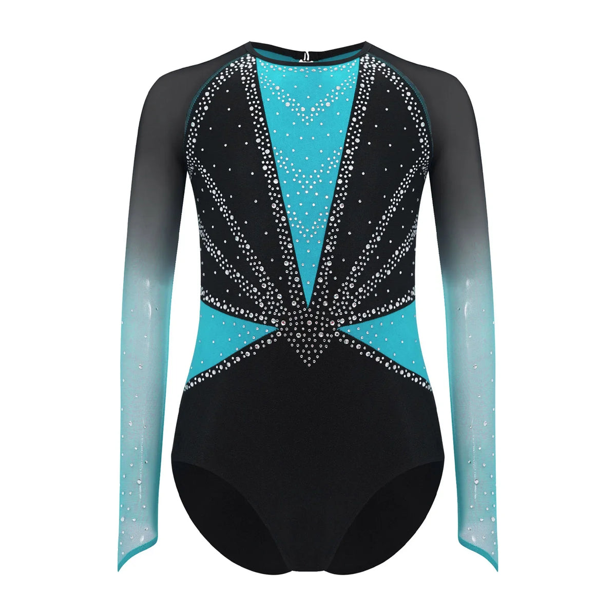 Girls' Stretchy Leotard - flattering, rhinestone-detailed, long-sleeve, mesh-panel, polyester elastane, for gymnastics