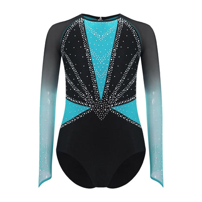 Girls' Stretchy Leotard - flattering, rhinestone-detailed, long-sleeve, mesh-panel, polyester elastane, for gymnastics