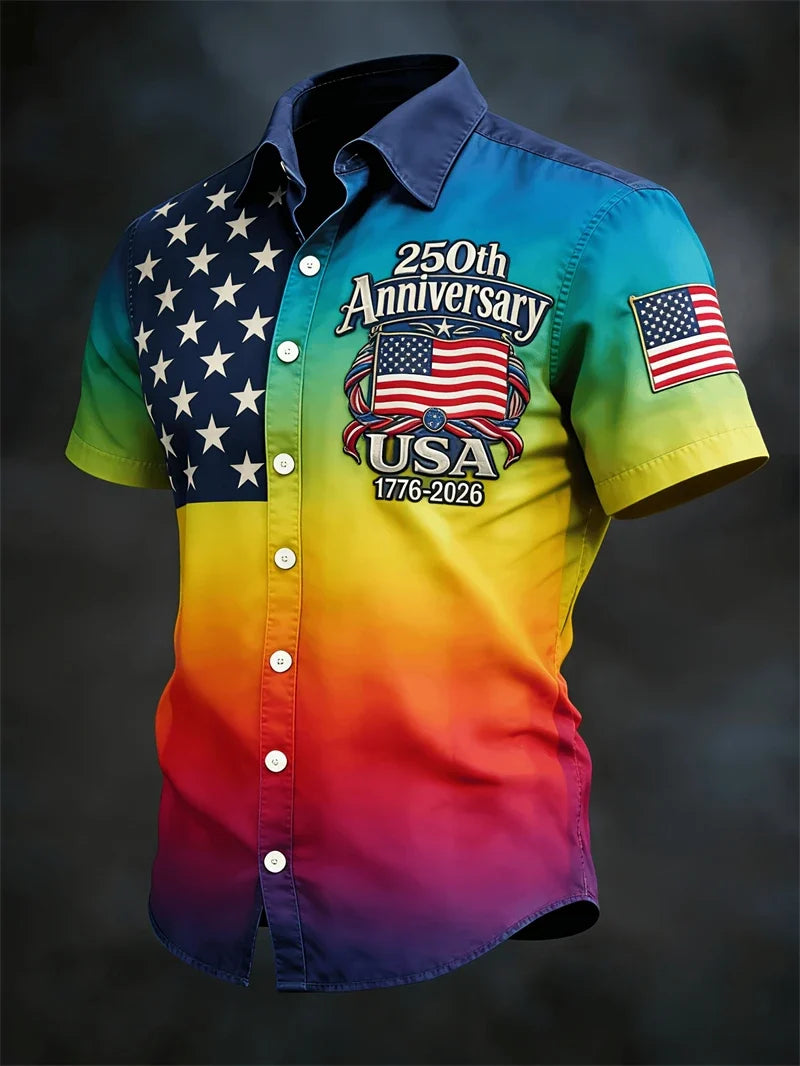 Plush Men's Hawaiian Shirt - Casual Short-Sleeve, 250th Anniversary USA Flag Design, Fourth Of July