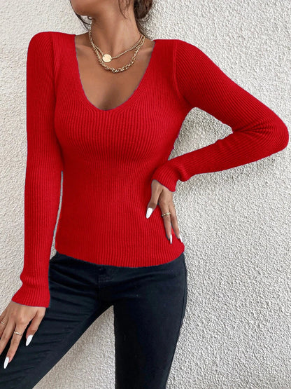 Flattering Fitted Women’s Ribbed Sweater - Scoop Neck, Knit