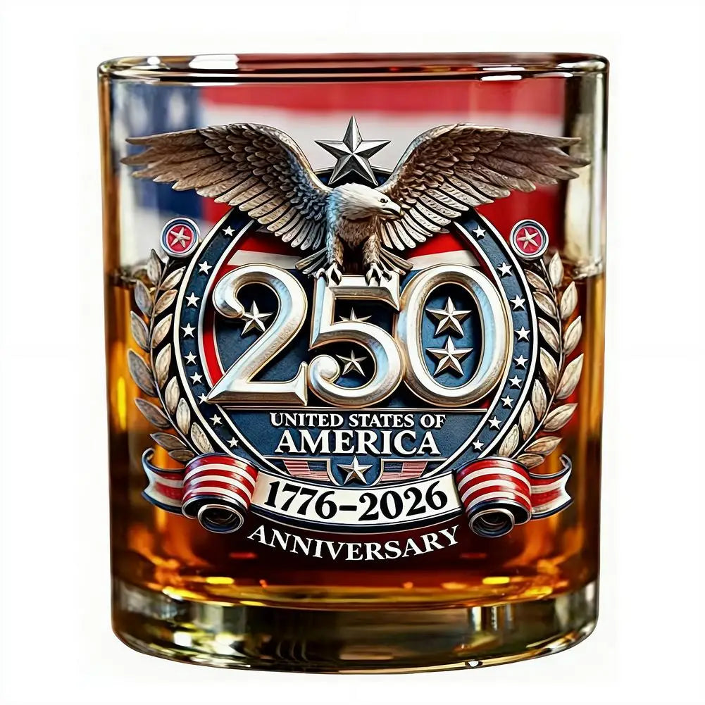 Whiskey Patriotic Glass Hand Blown Eagle Glassware USA 250th Anniversary Rotating Cup Gift Idea