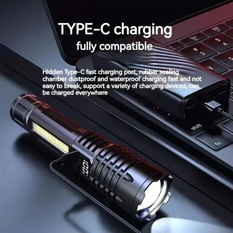 High Power LED Flashlight - TYPE-C Battery-Powered Torch for Camping and Hiking, Water-Resistant with Side Light