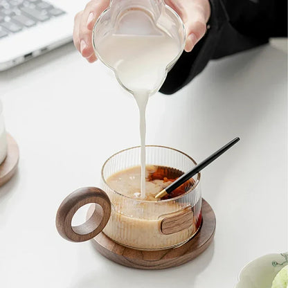 Coffee Mug Kit 250ml Glass With Wooden Handle, Tray And Spoon, Ribbed Tea Cup Casual Fall 2025 Cozy Gift