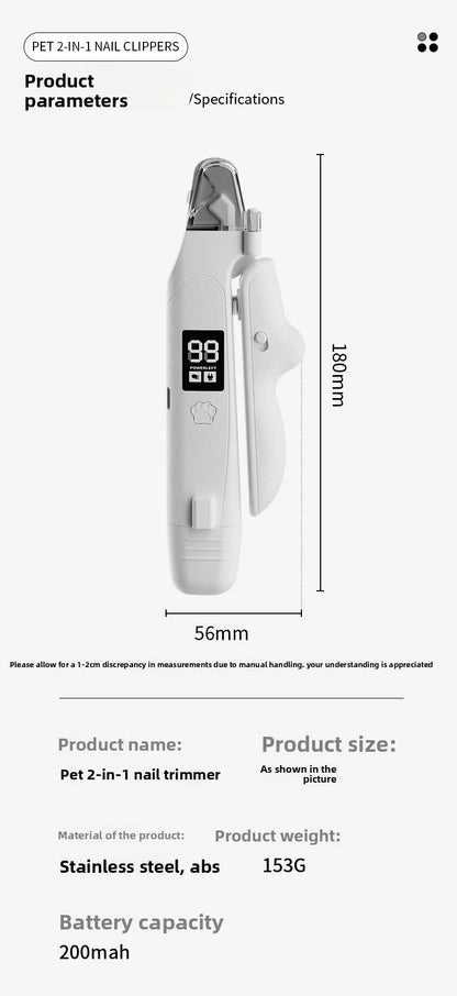 USB-C Battery-Powered Dog Cat Trimmer 2026 – 2-in-1 Pet Nail Clipper & Grinder with LED Blood Line Light