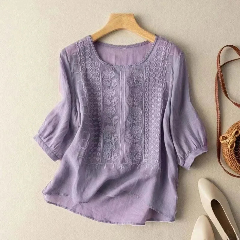 Elegant Embroidered Women's Blouse, Long Sleeve Plus Size Tops with Flattering Fit and Versatile Style-5
