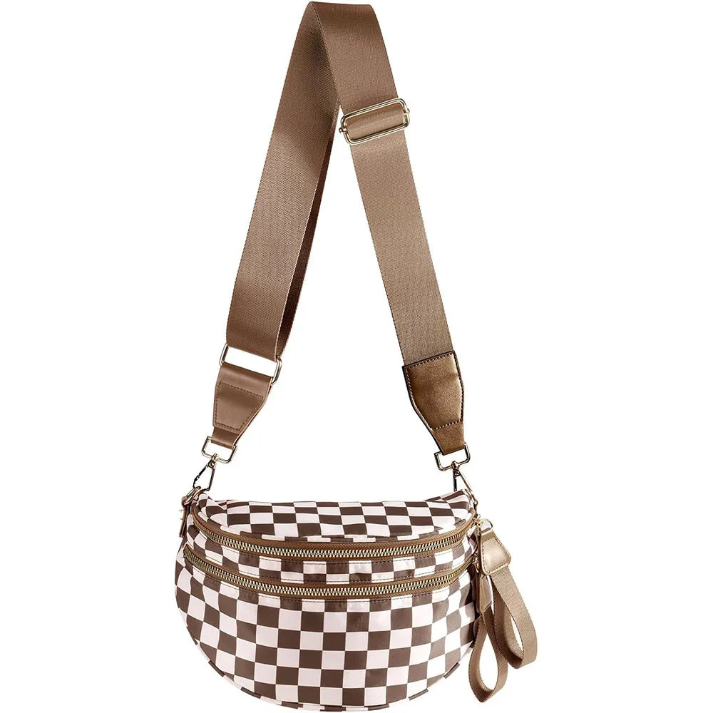 high-capacity sling bag with adjustable strap – Casual women's checkered crossbody shoulder bag