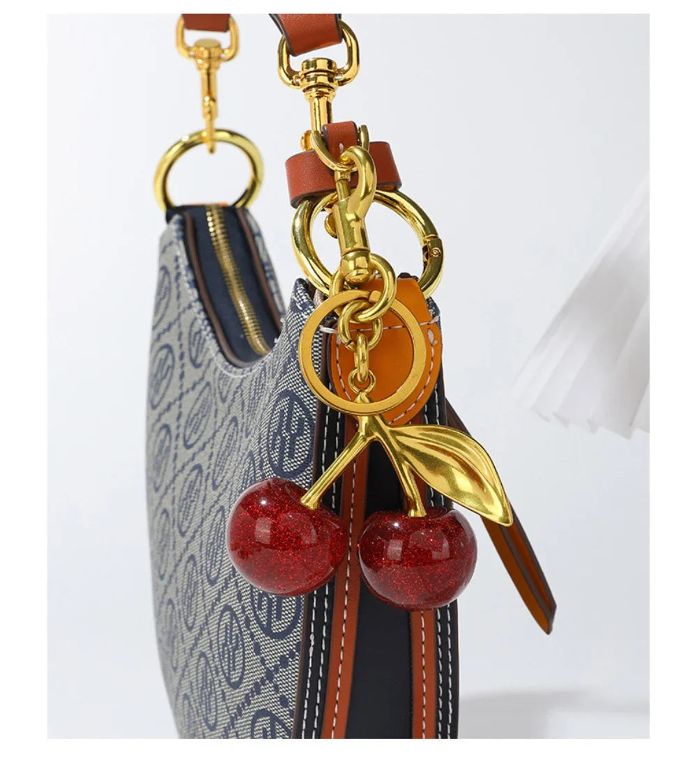 Cherry Red Keychain Bag Charm With Gold Leaf Lobster Clasp