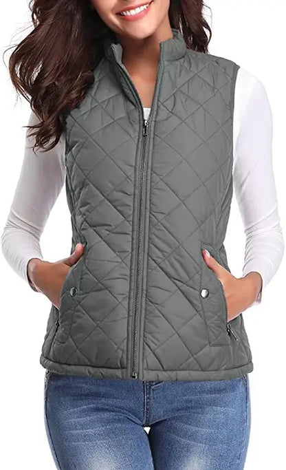 Light Women Quilted Vest - Stand Collar Cotton Winter