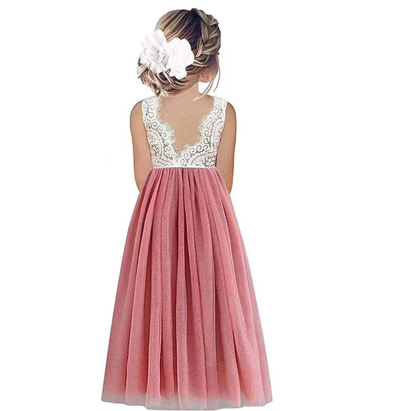 Light Girls’ Flower Girl Dress - Lace Bodice, Flowing Tulle Skirt, Polyester, For Wedding