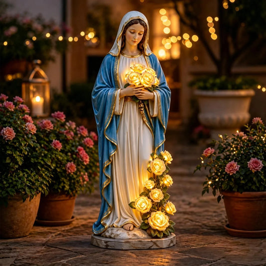 Mary Virgin Statue 7.87 Inch Outdoor Resin Garden Decor With Lighting Roses Religious Figurine Mother's Day Gift
