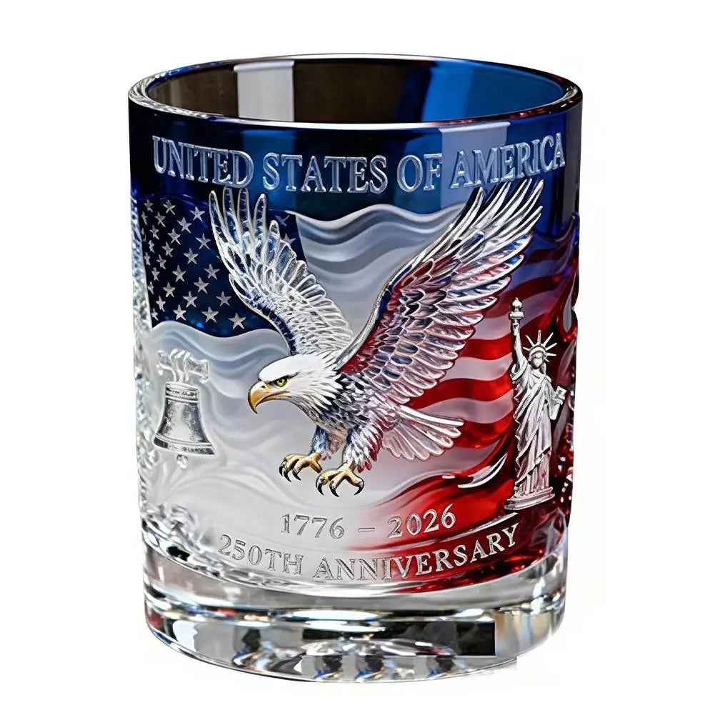 Whiskey Patriotic Glass Hand Blown Eagle Glassware USA 250th Anniversary Rotating Cup Gift Idea