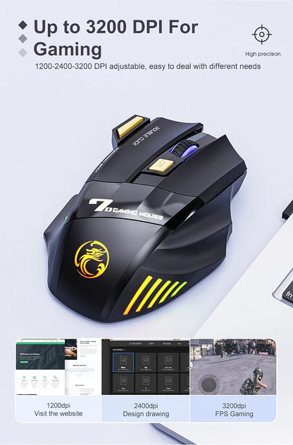 Cordless Gaming Mouse 3200DPI Dual Mode Battery-Powered