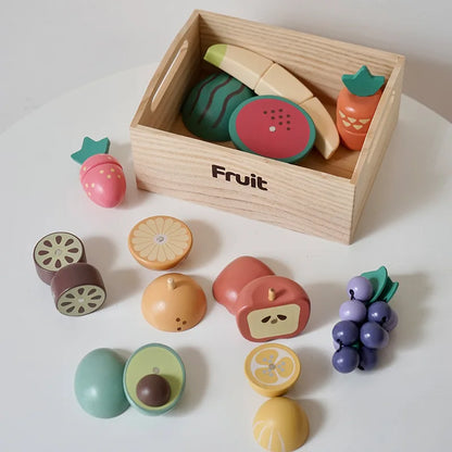 Kids Wooden Kitchen Playset with Cutting Food Accessories - Fruits, Vegetables & Bakery Toys