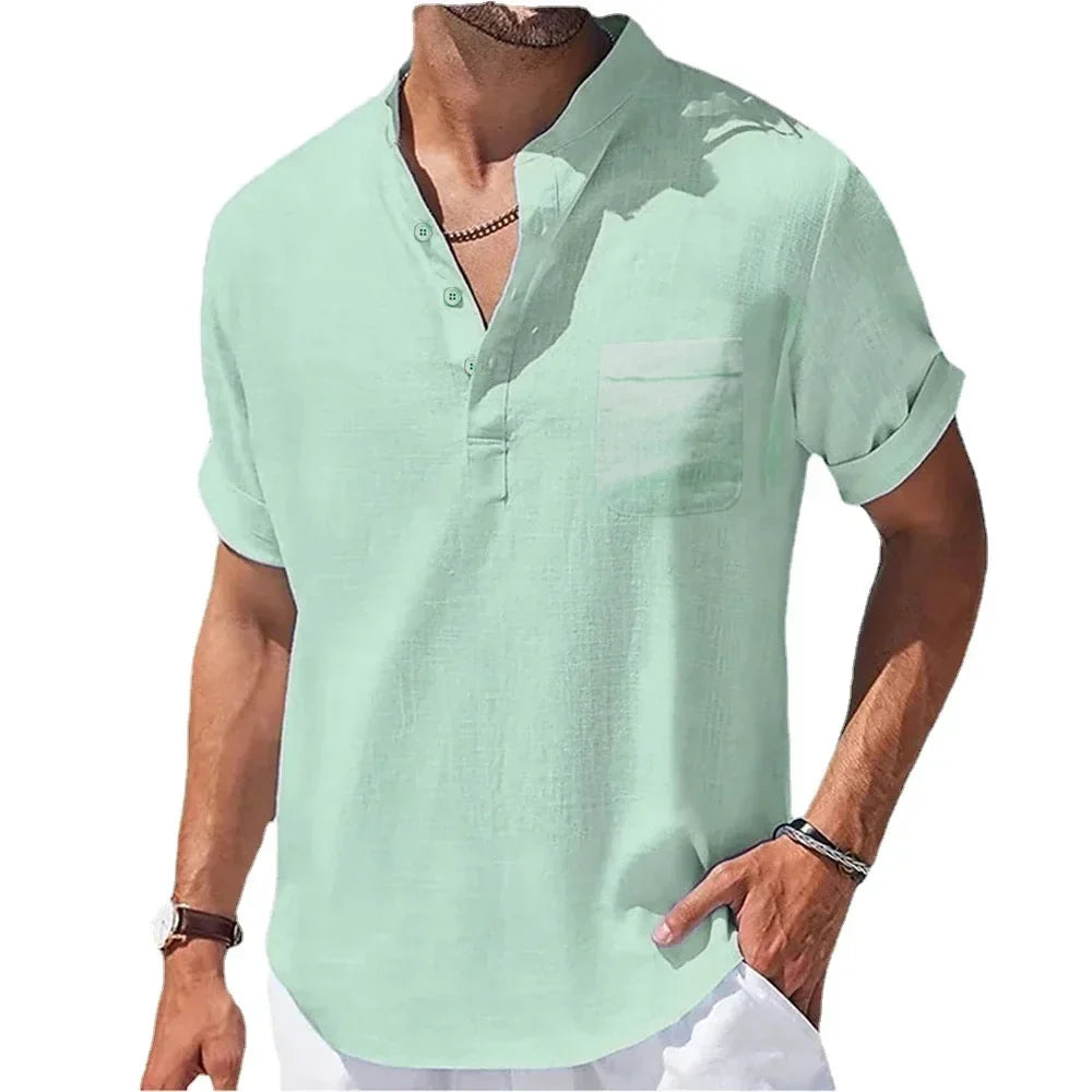 Variant image for Men's Summer Shirt, Breathable Cotton and Linen Blend with Henry Collar, Lightweight and Casual Fit-1