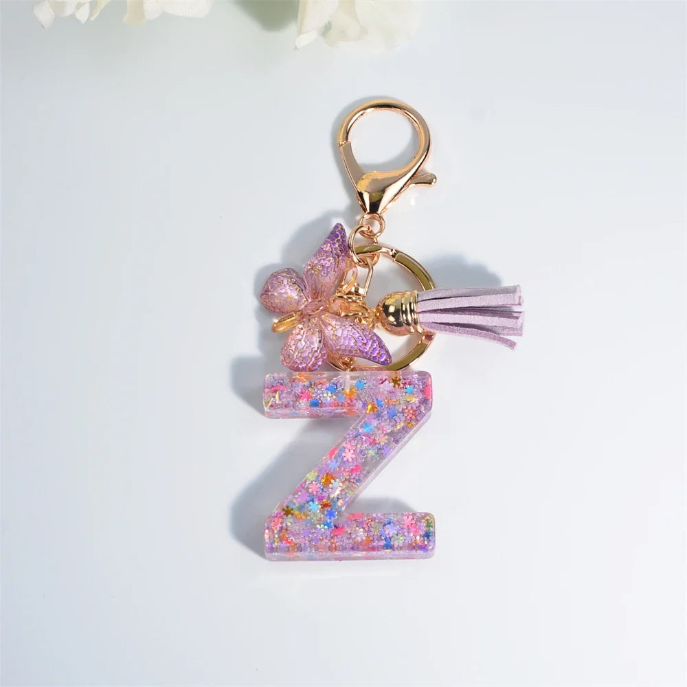 Letter Sequin Keychain With Butterfly Tassel Charm