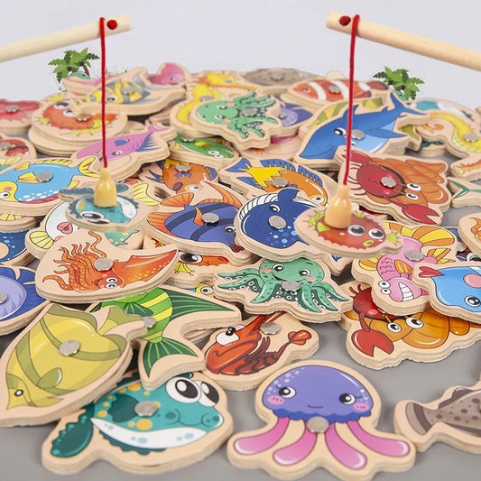 Montessori Interactive Wooden Fishing Game - Magnetic Marine Life Learning Toy for Kids, Parent-Child Engagement, Eco-Friendly Design