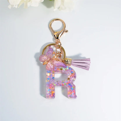 Letter Sequin Keychain With Butterfly Tassel Charm